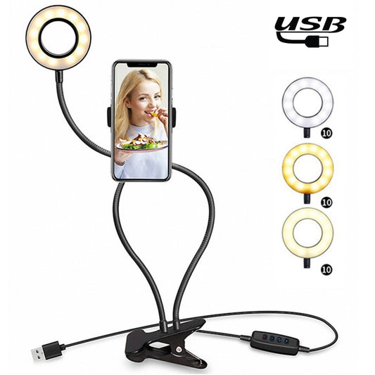 Makeup USB Selfie Ring Light with Clip Lazy Bracket Cell Phone Holder Stand, With 3-Light Mode, 10-Level Brightness LED Desk Lamp, Compatible with iPhone / Android,  for Live Stream, KTV, Live Broadcast, Live Show, etc - Consumer Electronics by buy2fix | Online Shopping UK | buy2fix