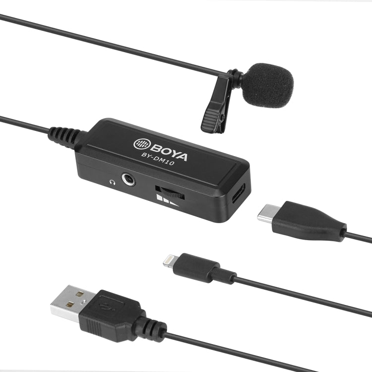 BOYA BY-DM10 USB / 8 Pin Plug Broadcast Lavalier Microphone with Windscreen, Cable Length: 6m(Black) - Camera Microphone by BOYA | Online Shopping UK | buy2fix