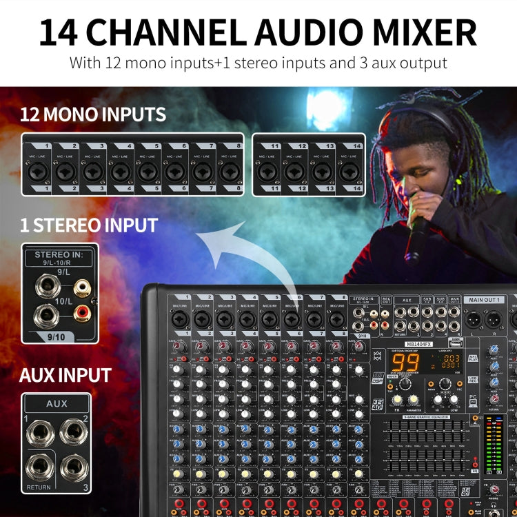 XTUGA B1404FX 14 Channels Bluetooth Audio Mixer Digital DJ Controller Sound Mixing Console (EU Plug) - Live Sound Effects Processors by XTUGA | Online Shopping UK | buy2fix