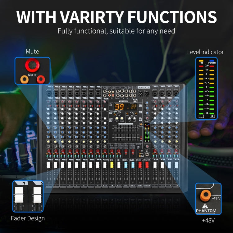 XTUGA B1404FX 14 Channels Bluetooth Audio Mixer Digital DJ Controller Sound Mixing Console (US Plug) - Live Sound Effects Processors by XTUGA | Online Shopping UK | buy2fix