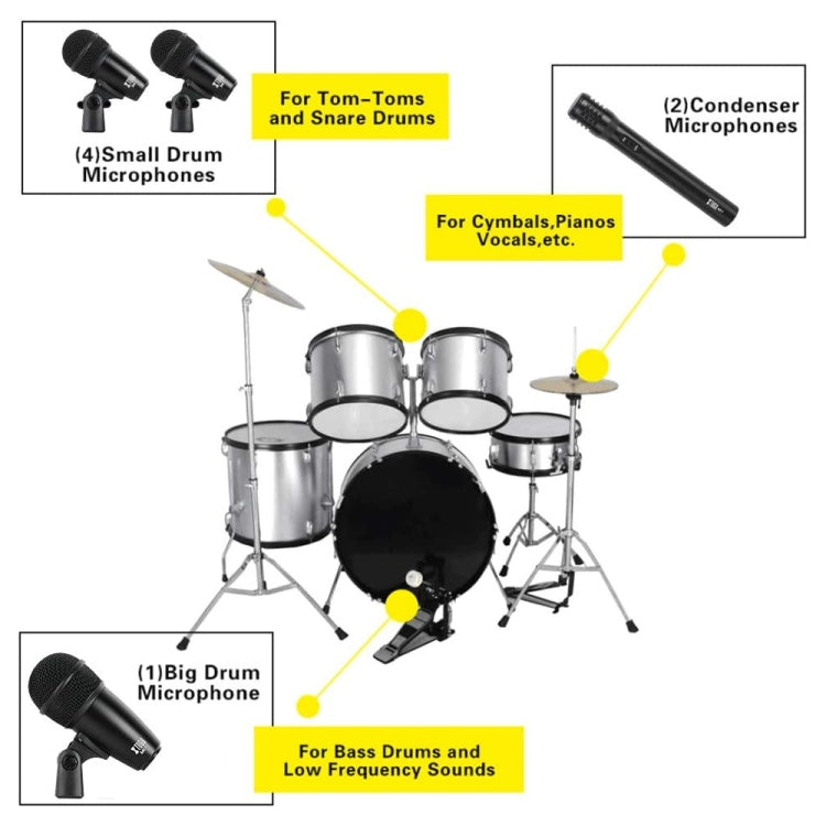 XTUGA MI7-A 7-Piece Wired Dynamic Drum Mic Kit Kick Bass Tom/Snare Cymbals Microphone Set - Microphone by XTUGA | Online Shopping UK | buy2fix