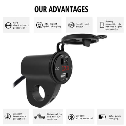 ZH-975B1 Motorcycle Aluminum Alloy Waterproof Mobile Phone Single USB Charger with Red Voltmeter(Black) - In Car by buy2fix | Online Shopping UK | buy2fix