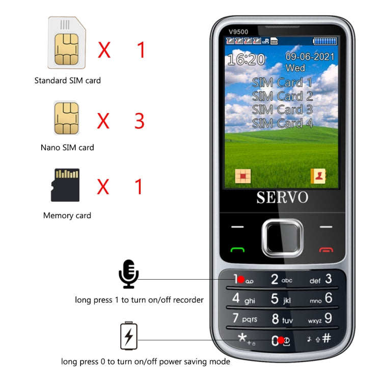 SERVO V9500 Mobile Phone, English Key, 2.4 inch, Spredtrum SC6531CA, 21 Keys, Support Bluetooth, FM, Magic Sound, Flashlight, GSM, Quad SIM(Black) - SERVO by SERVO | Online Shopping UK | buy2fix