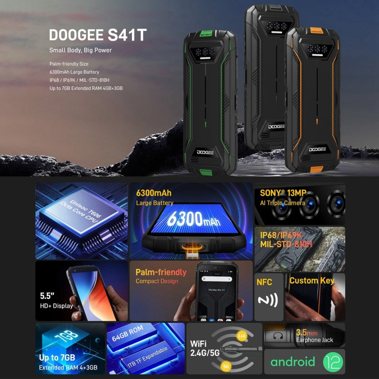 DOOGEE S41 Pro Rugged Phone, 4GB+32GB, IP68/IP69K Waterproof Dustproof Shockproof, Triple AI Back Cameras, 6300mAh Battery, 5.5 inch Android 12.0 MediaTek Helio A22 Quad Core, Network: 4G, NFC (Black) - DOOGEE by DOOGEE | Online Shopping UK | buy2fix