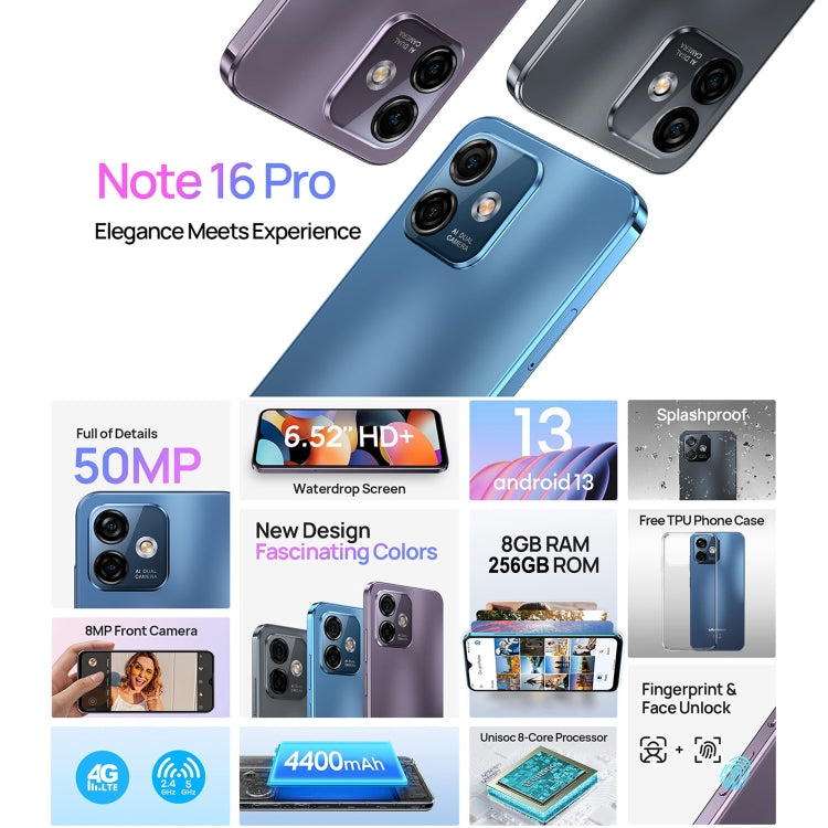 Ulefone Note 16 Pro, 8GB+256GB, Dual Back Cameras, Face ID & Side Fingerprint Identification, 4400mAh Battery, 6.52 inch Android 13 Unisoc T606 Octa Core up to 1.6GHz, Network: 4G, Dual SIM, OTG (Blue) - Ulefone by Ulefone | Online Shopping UK | buy2fix