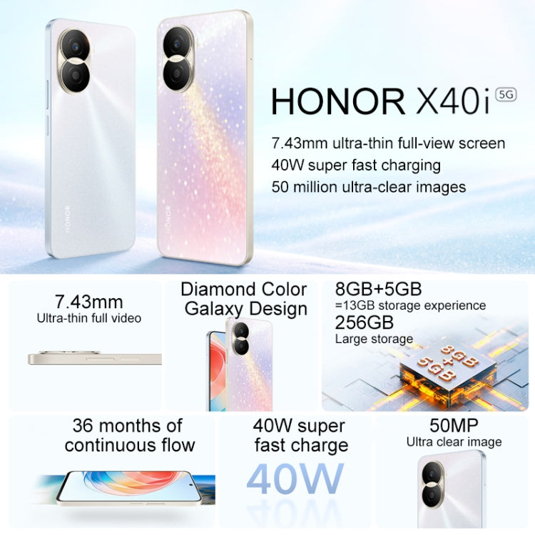 Honor X40i 5G DIO-AN00, 50MP Cameras, 8GB+128GB, China Version, Dual Back Cameras, Side Fingerprint Identification, 4000mAh Battery, 6.7 inch Magic UI 6.1 / Android 12 Dimensity 700 Octa Core up to 2.2GHz, Network: 5G, OTG, Not Support Google Play(Silver) - Honor by Huawei | Online Shopping UK | buy2fix