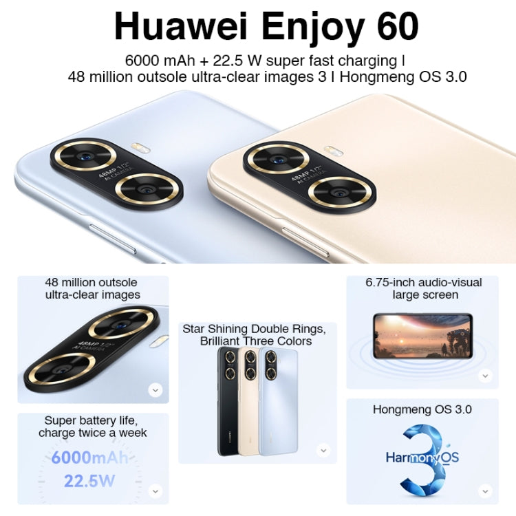 Huawei Enjoy 60 128GB MGA-AL40,  48MP Cameras, China Version, Dual Back Cameras, Face ID & Side Fingerprint Identification, 6000mAh Battery, 6.75 inch HarmonyOS 3.0 Octa Core, Network: 4G, OTG, Not Support Google Play(Gold) - Huawei Mate & P by Huawei | Online Shopping UK | buy2fix