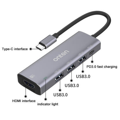 Onten OT-95123 5 in 1 Multifunctional Type-C + USB + HDMI Docking Station, Cable Length: 145mm(Silver) - USB HUB by Onten | Online Shopping UK | buy2fix