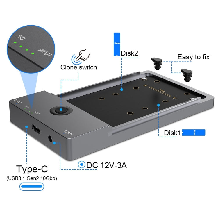 Rocketek ME921 USB3.1 Gen2 Dual M.2 Solid State Drive Box NVMe Docking Station, US Plug - HDD Enclosure by ROCKETEK | Online Shopping UK | buy2fix