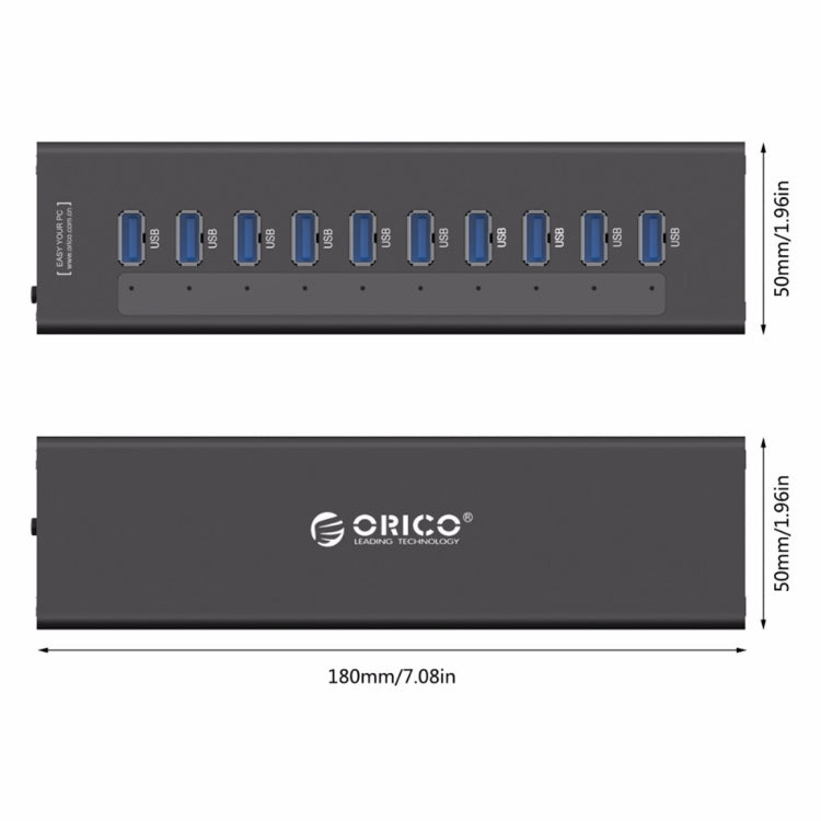 ORICO A3H10 Aluminum High Speed 10 Ports USB 3.0 HUB with Power Adapter for Laptops(Black) - USB 3.0 HUB by ORICO | Online Shopping UK | buy2fix