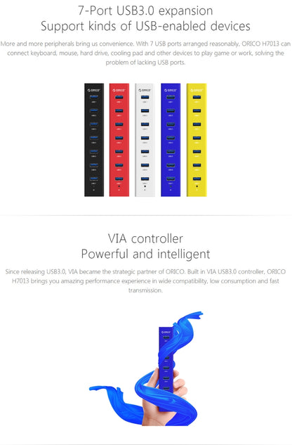 ORICO H7013-U3 ABS Material Desktop 7 Ports USB 3.0 HUB with 1m USB Cable(Black) - USB 3.0 HUB by ORICO | Online Shopping UK | buy2fix