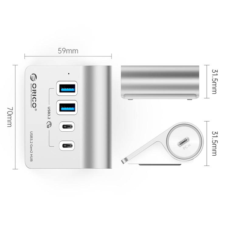 ORICO M3CU2 Aluminum Alloy 4-Port Type-C And USB 3.2 Gen2 10Gbps HUB(Silver) - USB 3.0 HUB by ORICO | Online Shopping UK | buy2fix