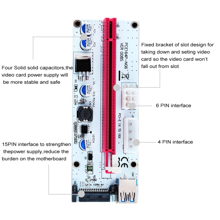 PCE164P-N06 VER008S USB 3.0 PCI-E Express 1x to 16x PCI-E Extender Riser Card Adapter 15 Pin SATA Power 6 Pin + 4 Pin Power Supply Port with 60cm USB Cable(Red) -  by buy2fix | Online Shopping UK | buy2fix