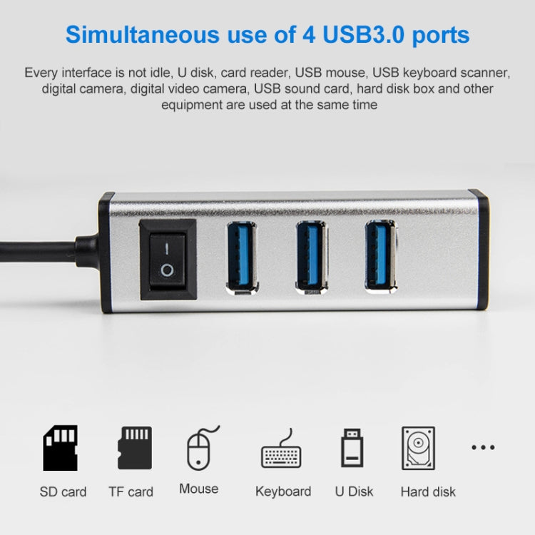 USB-C / Type-C to 4 USB 3.0 Ports Aluminum Alloy HUB with Switch (Grey) - Computer & Networking by buy2fix | Online Shopping UK | buy2fix