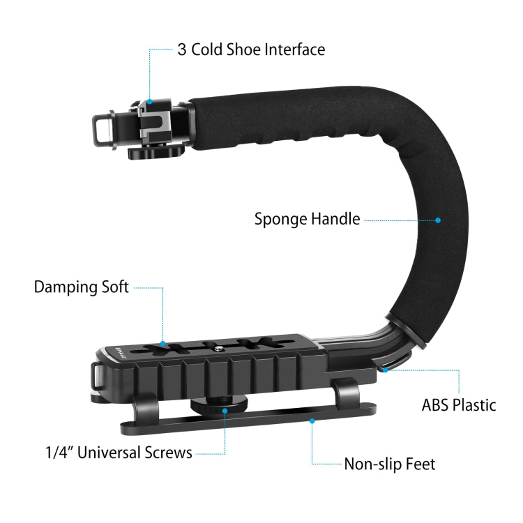 PULUZ U/C Shape Portable Handheld DV Bracket Stabilizer + LED Studio Light Kit with Cold Shoe Tripod Head  for All SLR Cameras and Home DV Camera - Camera Stabilizer by PULUZ | Online Shopping UK | buy2fix