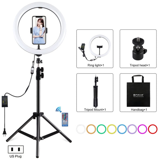 PULUZ 11.8 inch 30cm RGB Light 1.1m Tripod Mount Dimmable LED Ring Vlogging Selfie Photography Video Lights Live Broadcast Kits with Cold Shoe Tripod Ball Head & Phone Clamp(US Plug) - Ring Light by PULUZ | Online Shopping UK | buy2fix