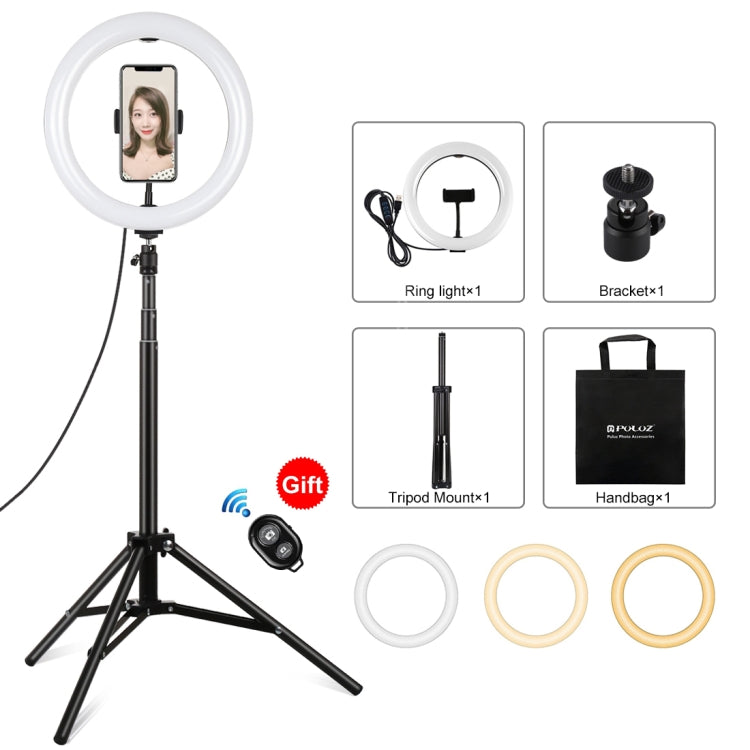 PULUZ 10.2 inch 26cm Light + 1.65m Tripod Mount Curved Surface USB 3 Modes Dimmable Dual Color Temperature Ring Vlogging Video Light Live Broadcast Kits with Phone Clamp & Selfie Remote Control(Black) - Ring Light by PULUZ | Online Shopping UK | buy2fix