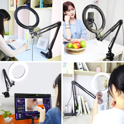 PULUZ 10.2 inch 26cm Ring Curved Light + Desktop Arm Stand USB 3 Modes Dimmable Dual Color Temperature LED Vlogging Selfie Photography Video Lights with Phone Clamp(Black) - Ring Light by PULUZ | Online Shopping UK | buy2fix