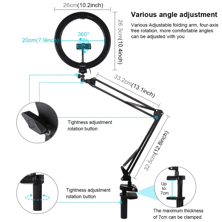 PULUZ 10.2 inch 26cm Ring Curved Light + Desktop Arm Stand USB 3 Modes Dimmable Dual Color Temperature LED Vlogging Selfie Photography Video Lights with Phone Clamp(Black) - Ring Light by PULUZ | Online Shopping UK | buy2fix