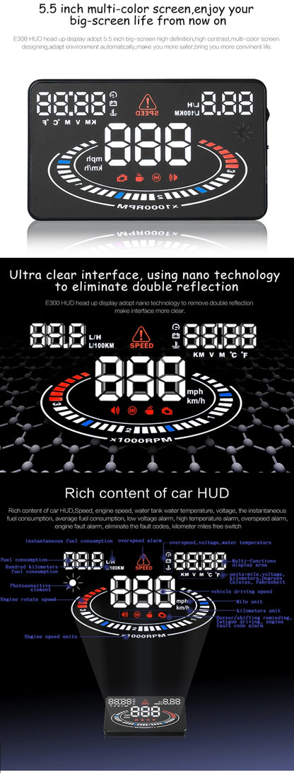 E300 5.5 inch Car OBDII / EUOBD HUD Vehicle-mounted Head Up Display Security System, Support Speed & Fuel Consumption, Overspeed Alarm,  Fuel Consumption, Water Temperature, etc.(Black) - Head Up Display System by buy2fix | Online Shopping UK | buy2fix