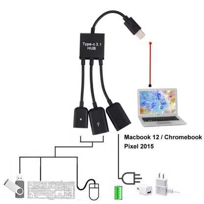 17.8cm 3 Ports USB-C / Type-C 3.1 OTG Charge HUB Cable, For Galaxy S8 & S8 + / LG G6 / Huawei P10 & P10 Plus / Xiaomi Mi 6 & Max 2 and other Smartphones(Black) - Computer & Networking by buy2fix | Online Shopping UK | buy2fix