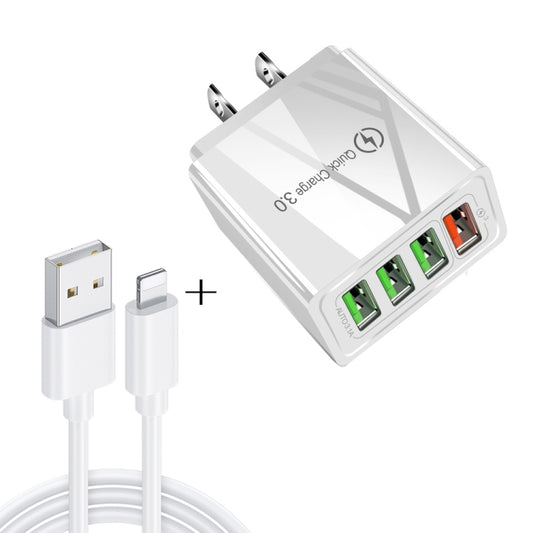 2 in 1 1m USB to 8 Pin Data Cable + 30W QC 3.0 4 USB Interfaces Mobile Phone Tablet PC Universal Quick Charger Travel Charger Set, US Plug(White) - Apple Accessories by buy2fix | Online Shopping UK | buy2fix