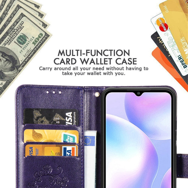 For Xiaomi Redmi 9A Four-leaf Clasp Embossed Buckle Horizontal Flip TPU + PU Leather Case with Lanyard & Card Slot & Wallet & Holder(Purple) - Xiaomi Cases by buy2fix | Online Shopping UK | buy2fix