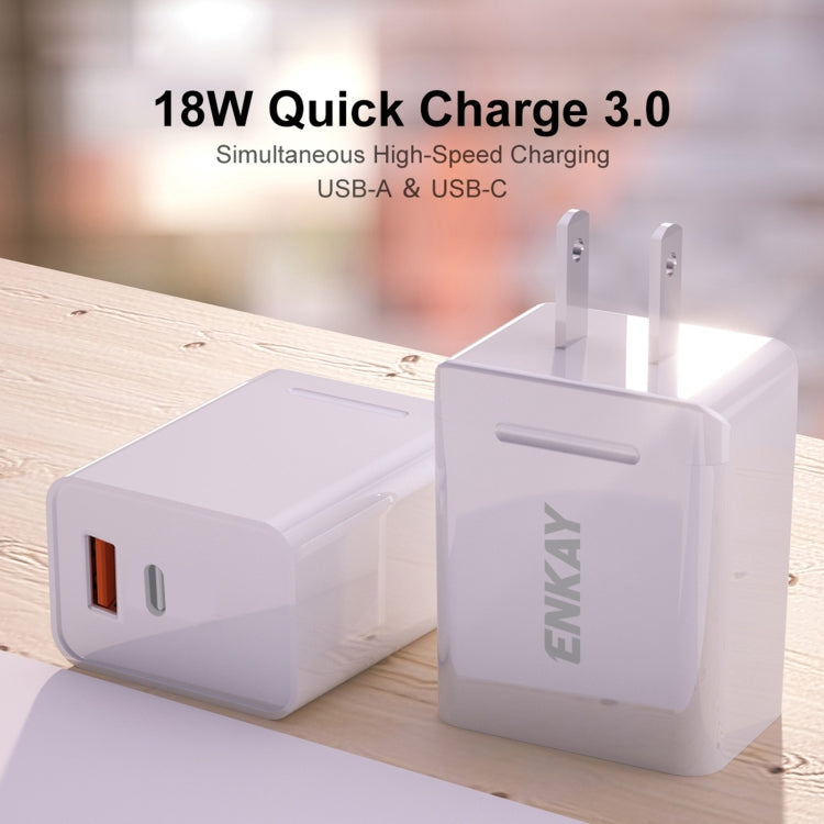 ENKAY Hat-Prince U033 18W 3A PD + QC3.0 Dual USB Fast Charging Power Adapter US Plug Portable Travel Charger With 1m 3A Micro USB Cable - Mobile Accessories by ENKAY | Online Shopping UK | buy2fix