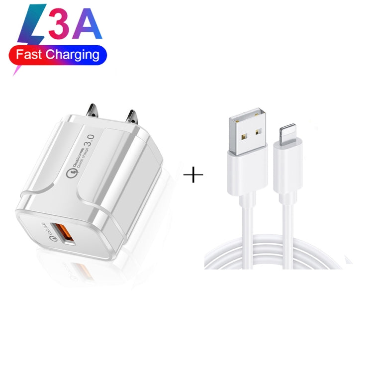 LZ-023 18W QC 3.0 USB Portable Travel Charger + 3A USB to 8 Pin Data Cable, US Plug(White) - USB Charger by buy2fix | Online Shopping UK | buy2fix