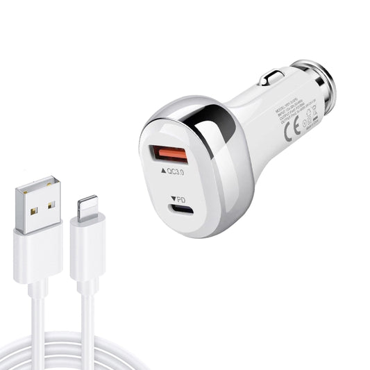 YSY-312PD QC3.0 18W USB + PD 20W USB-C / Type-C Car Charger with USB to 8 Pin Data Cable(White) - In Car by buy2fix | Online Shopping UK | buy2fix