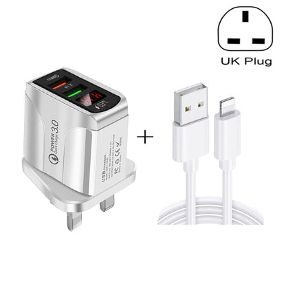 F002C QC3.0 USB + USB 2.0 LED Digital Display Fast Charger with USB to 8 Pin Data Cable, UK Plug(White) - Apple Accessories by buy2fix | Online Shopping UK | buy2fix