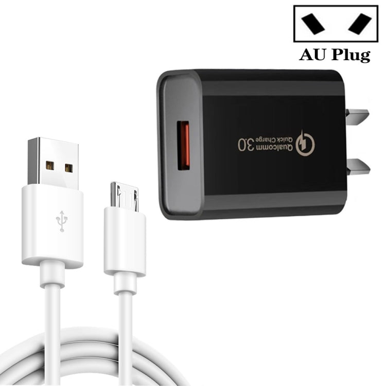 CA-25 QC3.0 USB 3A Fast Charger with USB to Micro USB Data Cable, AU Plug(Black) - Mobile Accessories by buy2fix | Online Shopping UK | buy2fix