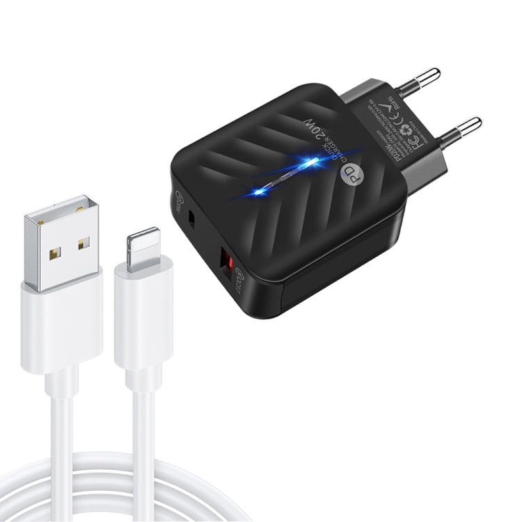 PD03 20W PD3.0 + QC3.0 USB Charger with USB to 8 Pin Data Cable, EU Plug(Black) - Apple Accessories by buy2fix | Online Shopping UK | buy2fix