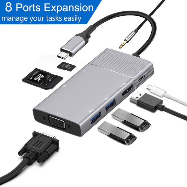 8 in 1 Type-C to HDMI + Type-C + USB x 2 + VGA + SD + TF + 3.5mm HUB Adapter - Computer & Networking by buy2fix | Online Shopping UK | buy2fix