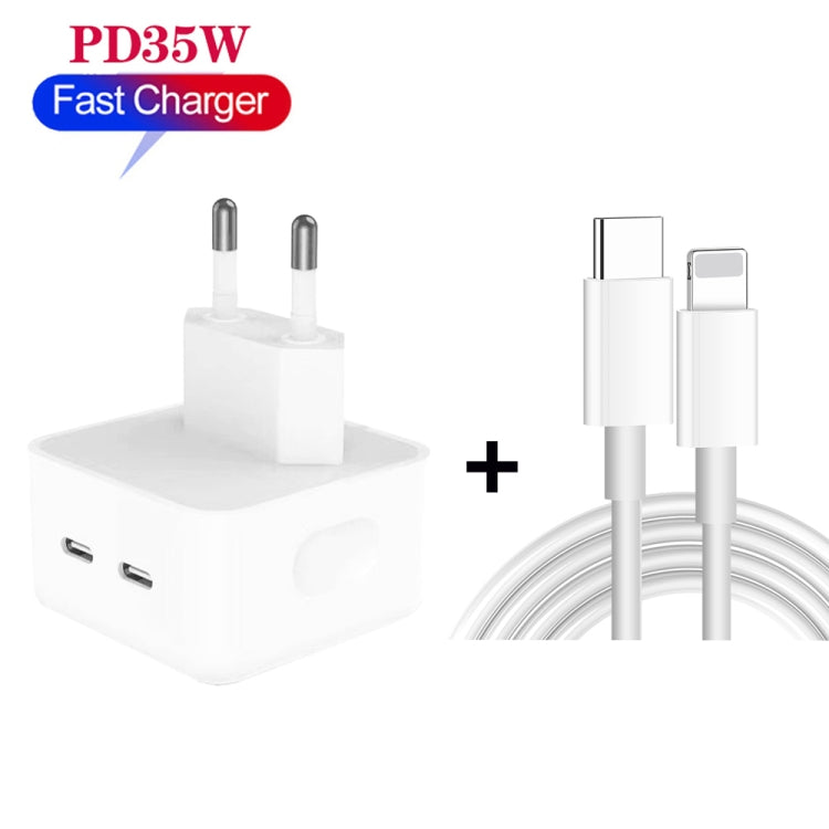 PD 35W Dual USB-C / Type-C Ports Charger with 2m Type-C to 8 Pin Data Cable, EU Plug - Apple Accessories by buy2fix | Online Shopping UK | buy2fix