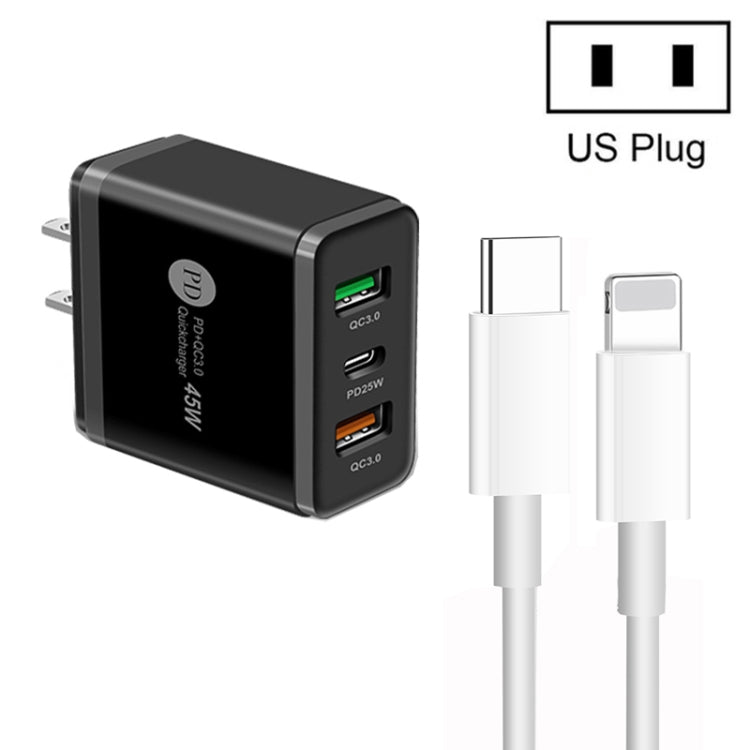 45W PD3.0 + 2 x QC3.0 USB Multi Port Charger with Type-C to 8 Pin Cable, US Plug(Black) - USB Charger by buy2fix | Online Shopping UK | buy2fix