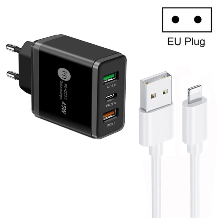 45W PD25W + 2 x QC3.0 USB Multi Port Charger with USB to 8 Pin Cable, EU Plug(Black) - Apple Accessories by buy2fix | Online Shopping UK | buy2fix