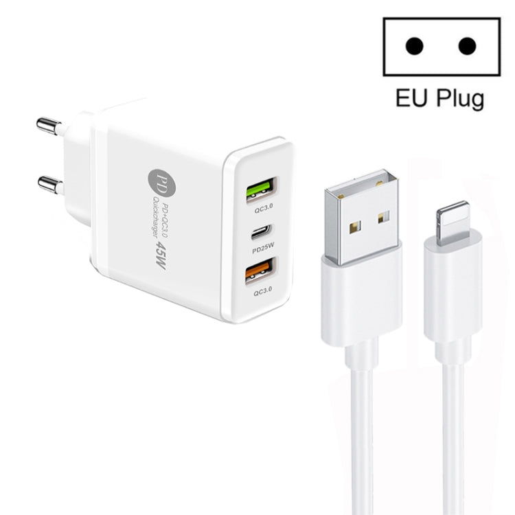 45W PD25W + 2 x QC3.0 USB Multi Port Charger with USB to 8 Pin Cable, EU Plug(White) - USB Charger by buy2fix | Online Shopping UK | buy2fix