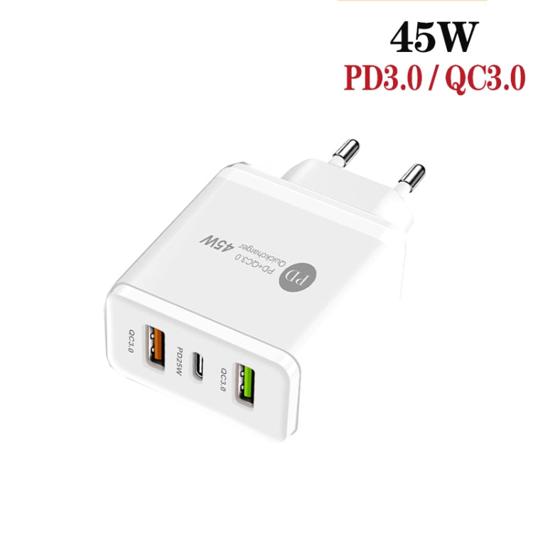 45W PD25W + 2 x QC3.0 USB Multi Port Charger with USB to 8 Pin Cable, EU Plug(White) - USB Charger by buy2fix | Online Shopping UK | buy2fix