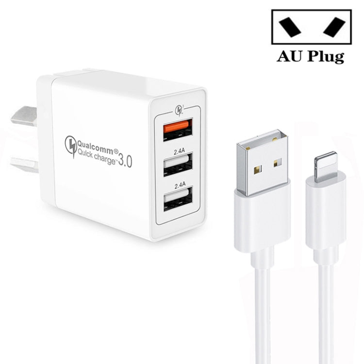 SDC-30W QC3.0 USB + 2 x USB2.0 Port Quick Charger with USB to 8 Pin Cable, AU Plug - Apple Accessories by buy2fix | Online Shopping UK | buy2fix