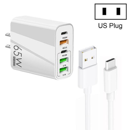65W Dual PD Type-C + 3 x USB Multi Port Charger with 3A USB to Type-C Data Cable, US Plug(White) - Mobile Accessories by buy2fix | Online Shopping UK | buy2fix