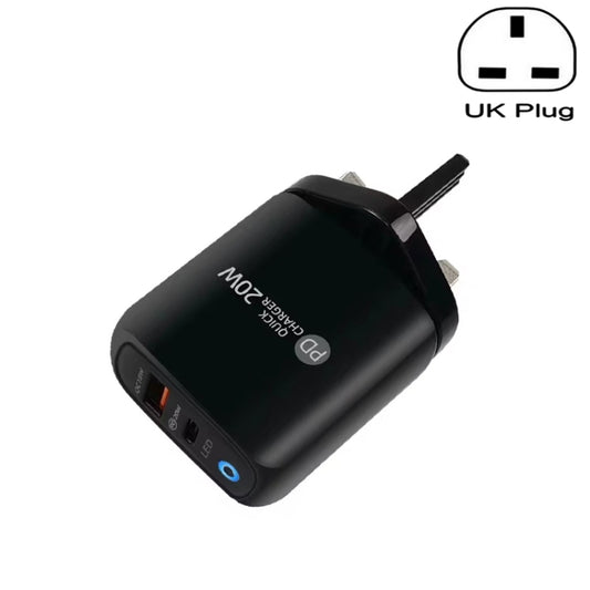 PD04 PD20W Type-C + QC18W USB Mobile Phone Charger with LED Indicator, UK Plug(Black) - USB Charger by buy2fix | Online Shopping UK | buy2fix