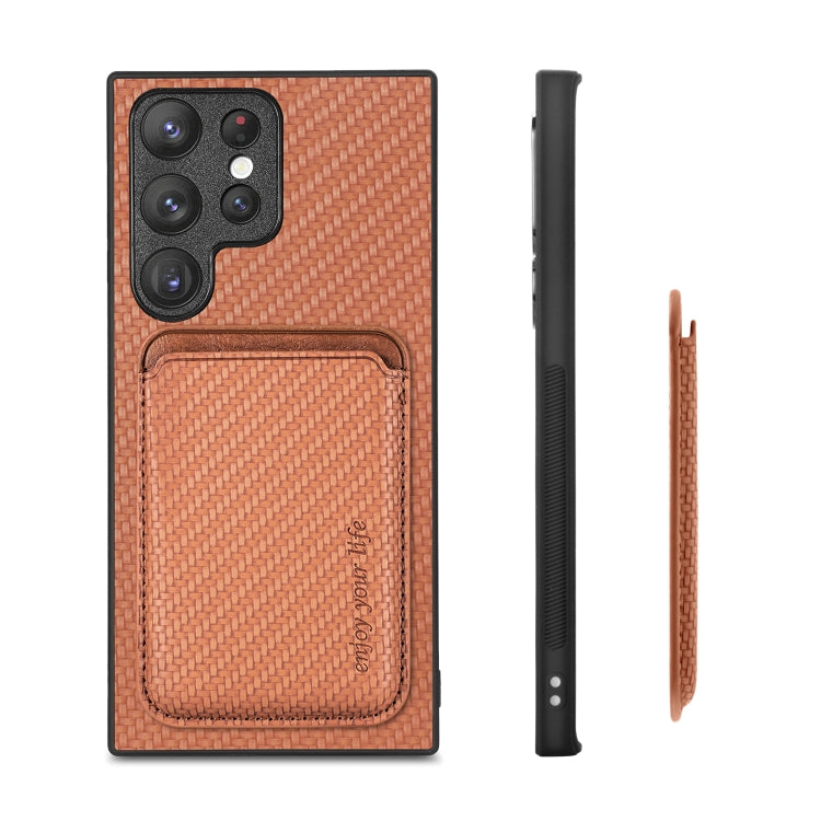 For Samsung Galaxy S22+ 5G Carbon Fiber Leather Card Magsafe Magnetic Phone Case(Brown) - Galaxy S23+ 5G Cases by buy2fix | Online Shopping UK | buy2fix