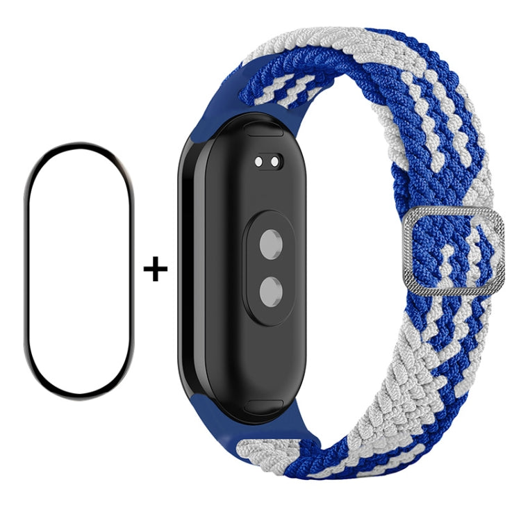 For Xiaomi Mi Band 8 ENKAY Hat-Prince 2 in 1 Set Full Coverage Screen Protector + Elastic Braided Nylon Watch Band(Blue White) - Watch Bands by ENKAY | Online Shopping UK | buy2fix