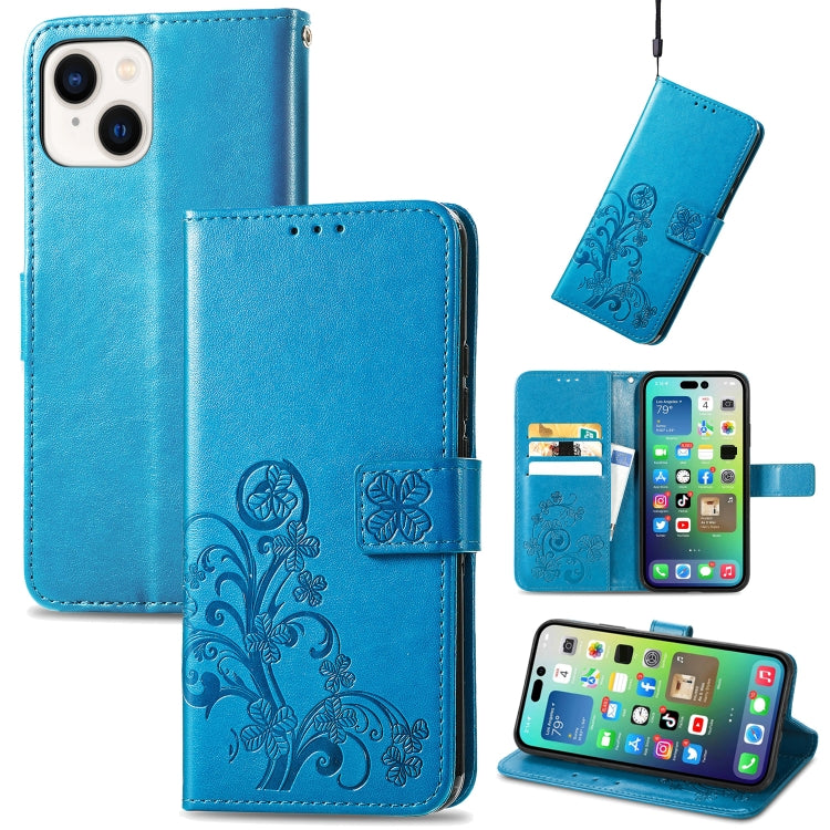 For iPhone 15 Plus Four-leaf Clasp Embossed Buckle Leather Phone Case(Blue) - iPhone 15 Plus Cases by buy2fix | Online Shopping UK | buy2fix