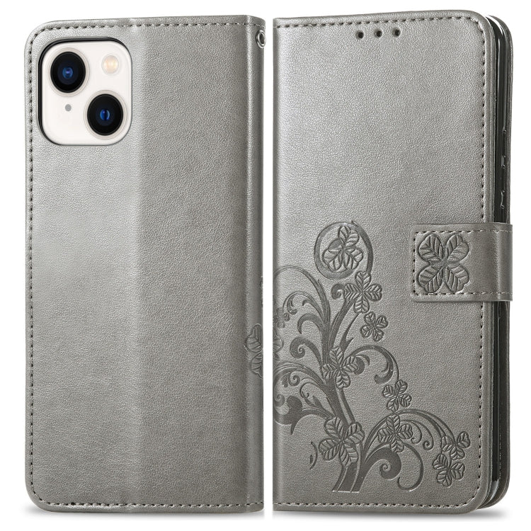 For iPhone 15 Plus Four-leaf Clasp Embossed Buckle Leather Phone Case(Gray) - iPhone 15 Plus Cases by buy2fix | Online Shopping UK | buy2fix