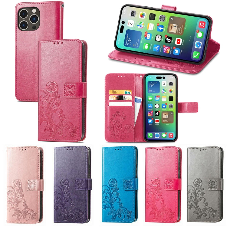For iPhone 15 Four-leaf Clasp Embossed Buckle Leather Phone Case(Magengta) - iPhone 15 Cases by buy2fix | Online Shopping UK | buy2fix