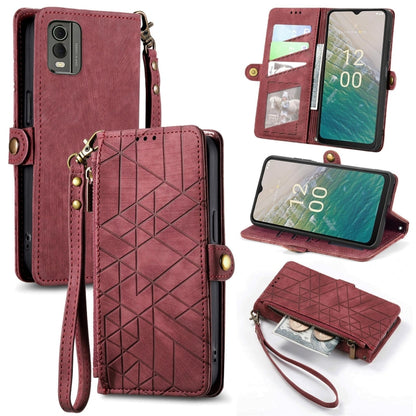 For Nokia C32 Geometric Zipper Wallet Side Buckle Leather Phone Case(Red) - Nokia Cases by buy2fix | Online Shopping UK | buy2fix