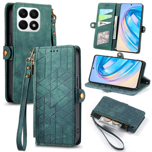 For Honor X8A Geometric Zipper Wallet Side Buckle Leather Phone Case(Green) - Honor Cases by buy2fix | Online Shopping UK | buy2fix