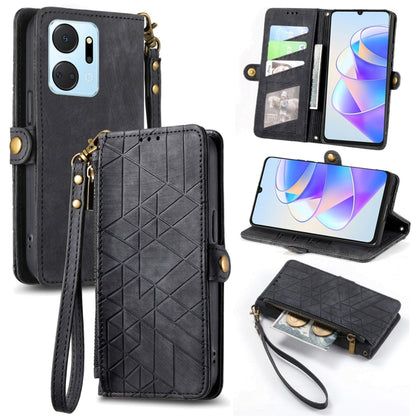 For Honor X7A Geometric Zipper Wallet Side Buckle Leather Phone Case(Black) - Honor Cases by buy2fix | Online Shopping UK | buy2fix